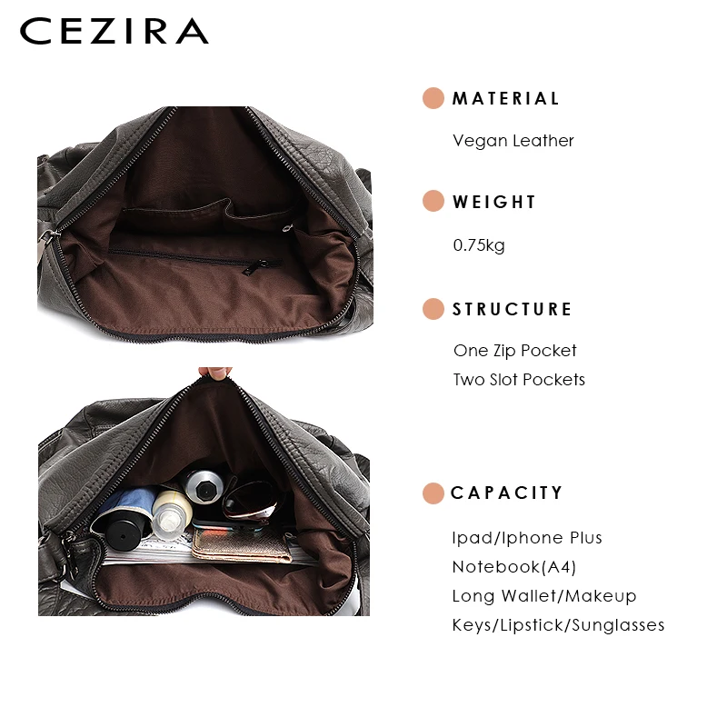CEZIRA, Женская моющаяся сумка через плечо из искусственной кожи, большой рюкзак, модный, с заклепками, для девочек, уличный стиль, школьная сумка, на молнии, с клапаном, с карманом, ранец