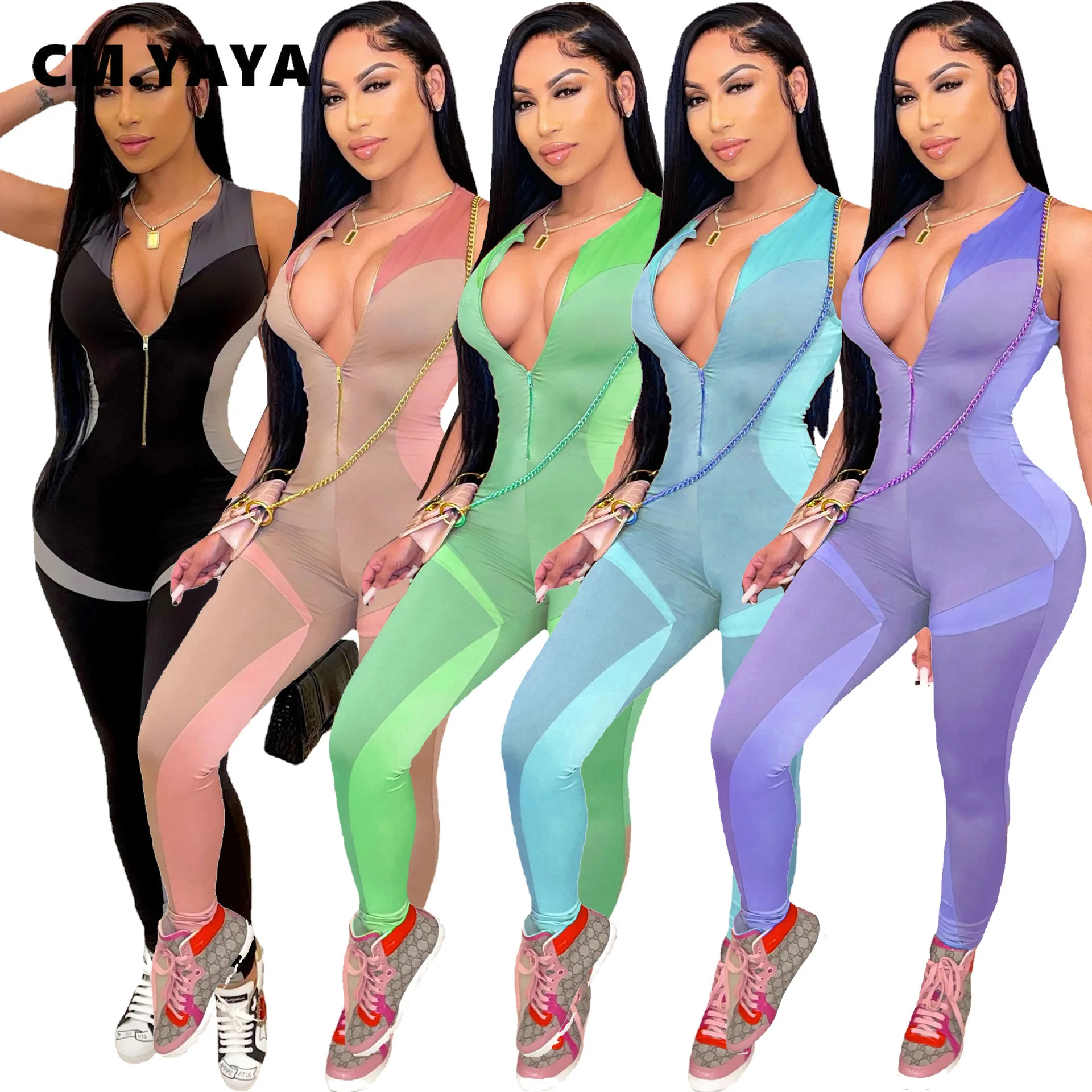 

Женский эластичный комбинезон без рукавов CM.YAYA, Байкерский Облегающий комбинезон без рукавов на молнии для активного отдыха, спортивная од...