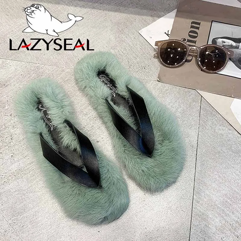 LazySeal обувь с разноцветным мехом; женские Вьетнамки; Новинка; Модные женские домашние тапочки на Плоском Каблуке; сезон осень-зима; женские шлепанцы без задника - Цвет: Green