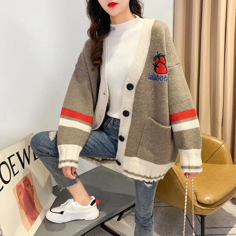 

Spring and Autumn 2020 New Red Sweater Coat Women Spring and Autumn Long Lazy Loose Korean Version Letters Knitted Cardigan