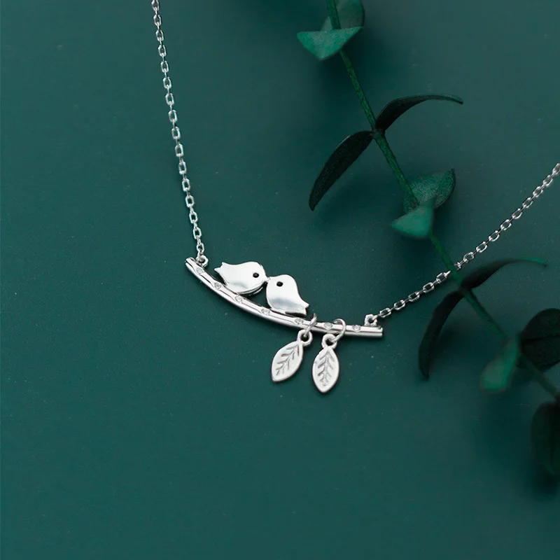 

PONYKISS Trendy S925 Sterling silver Two Birds and Leaves Zircon Pendant Necklace Women Anniversary Jewelry Accessory Gift