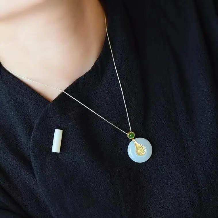 

New silver inlaid natural Hetian jade pulp Pendant Necklace Chinese style retro minority design charm women's jewelry