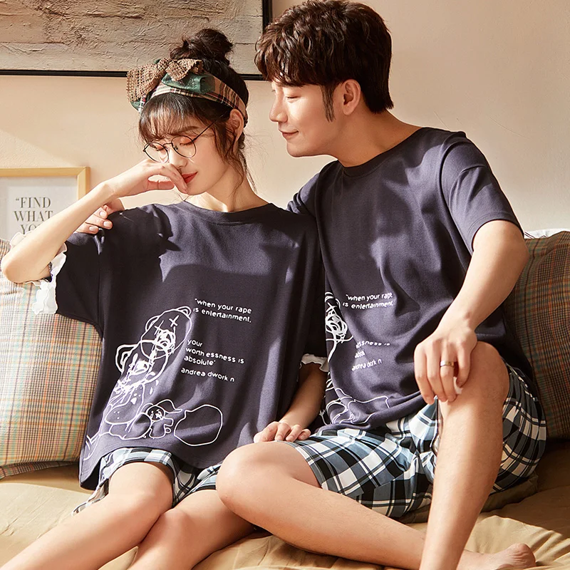 

Comfortable And Soft Summer Couple Home Wear Men And Women Short-sleeved Cotton Loose Korean Plaid Pants Cartoon Bear Sleepwear