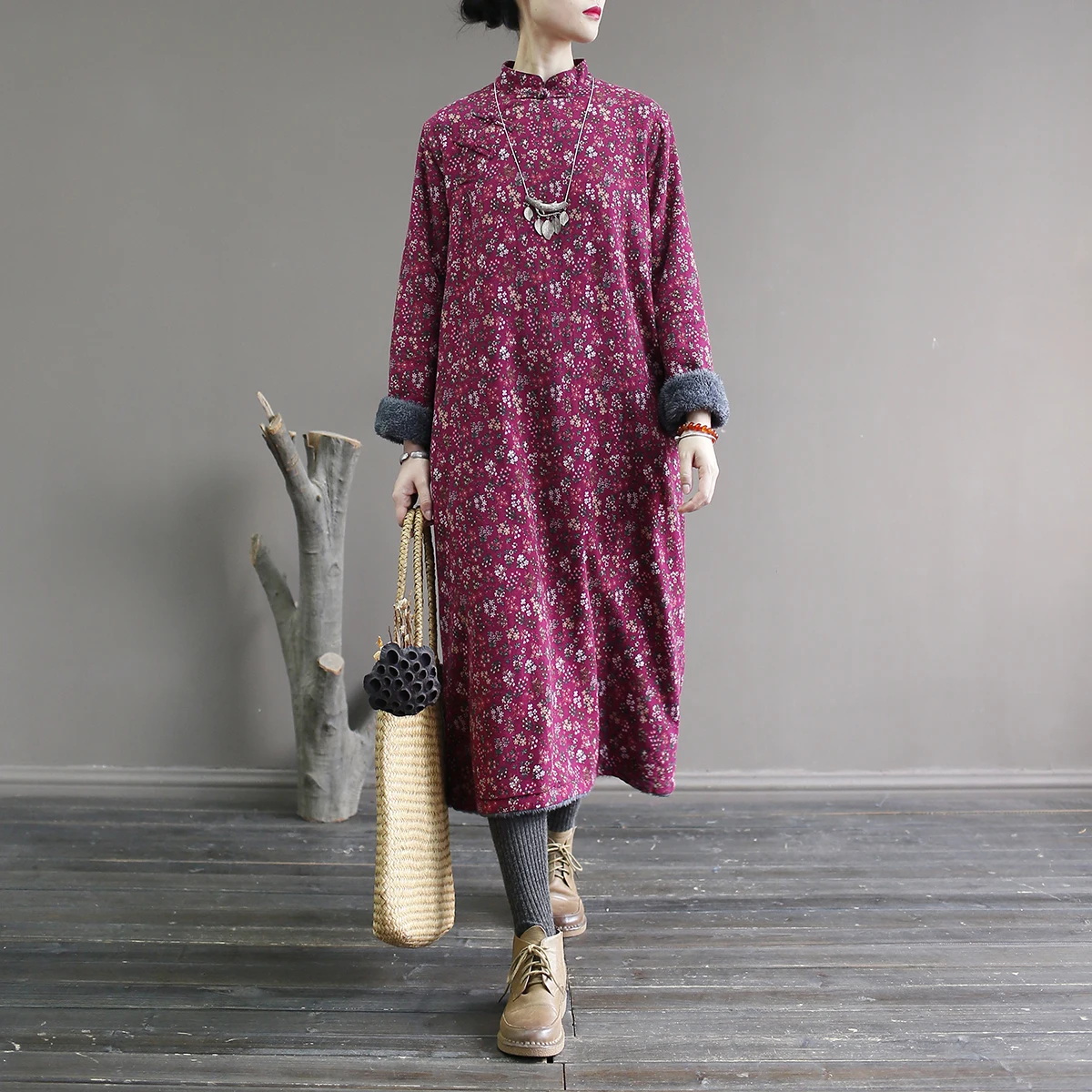 Женское зимнее платье в стиле ретро свободный халат с китайским воротником