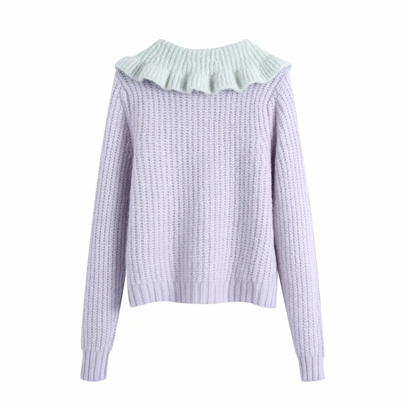 Fashion Women Peter pan collar Short Cardigan Spring Autumn Female Long sleeve Knitted sweater Patchwork Vintage Top YNZZU 1O006 |