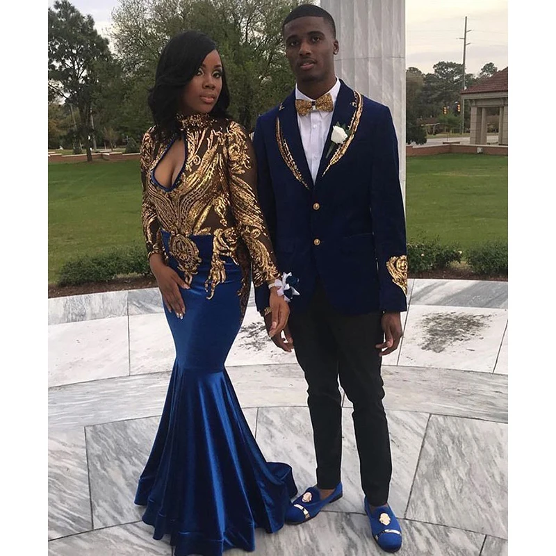 

Royal Blue Mermaid Prom Dresses New Long Sleeve Sequined Velvet Sweep Strain High Neck Formal Evening Gowns Party Dress