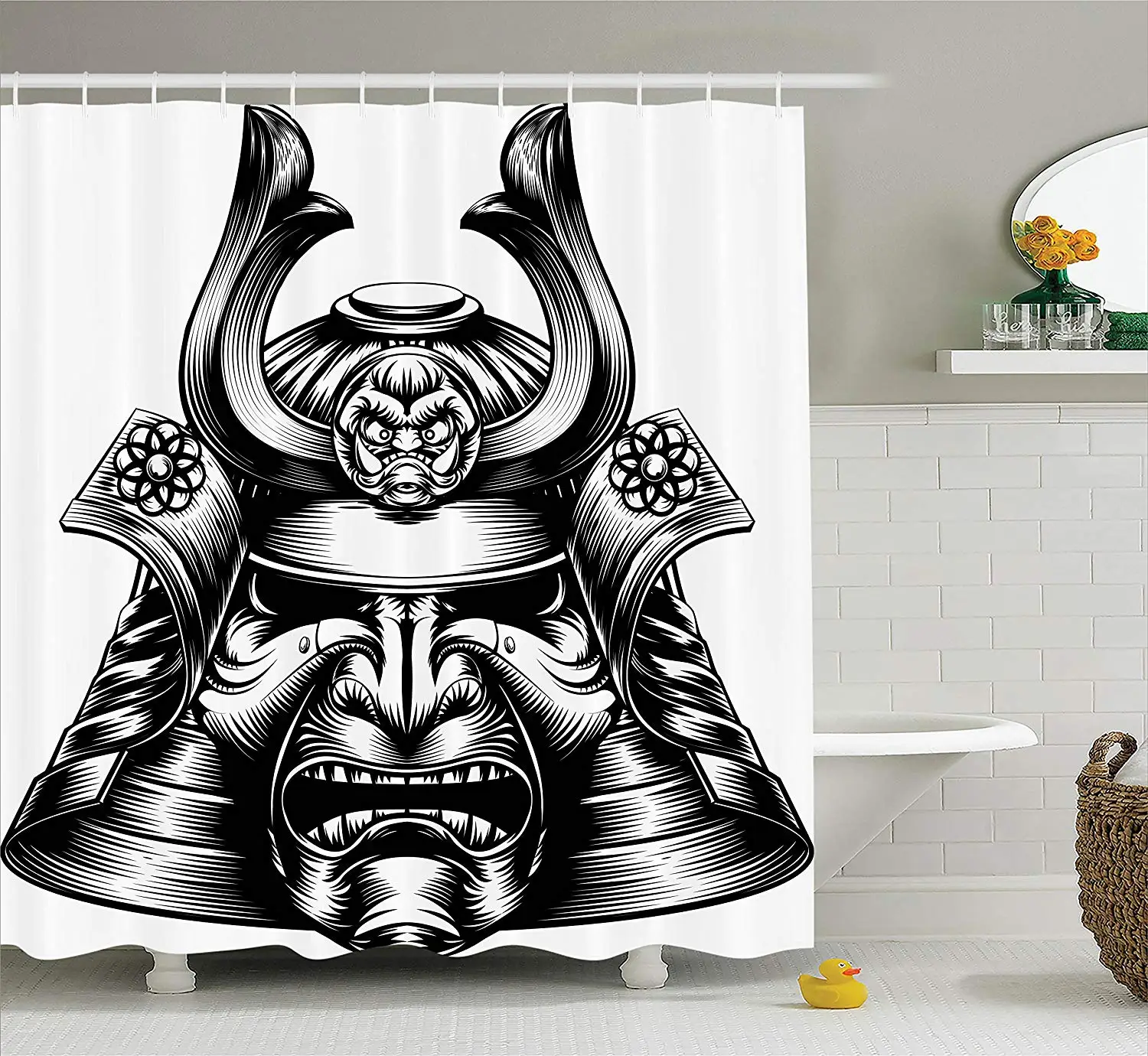 Японская занавеска для душа в винтажном стиле восточном маска демона самурая