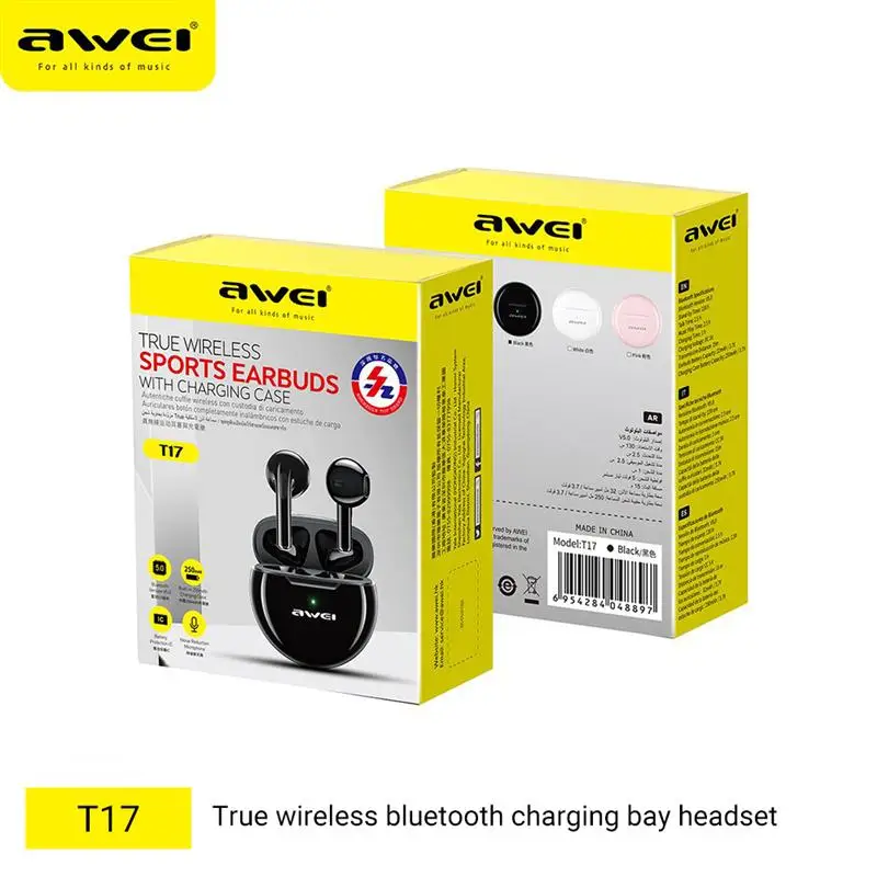 

AWEI T17 Wireless Bluetooth Earphone TWS Mini Half In Ear Gaming Earbud Hands Free Stereo Sound Heaadset With Charger Case