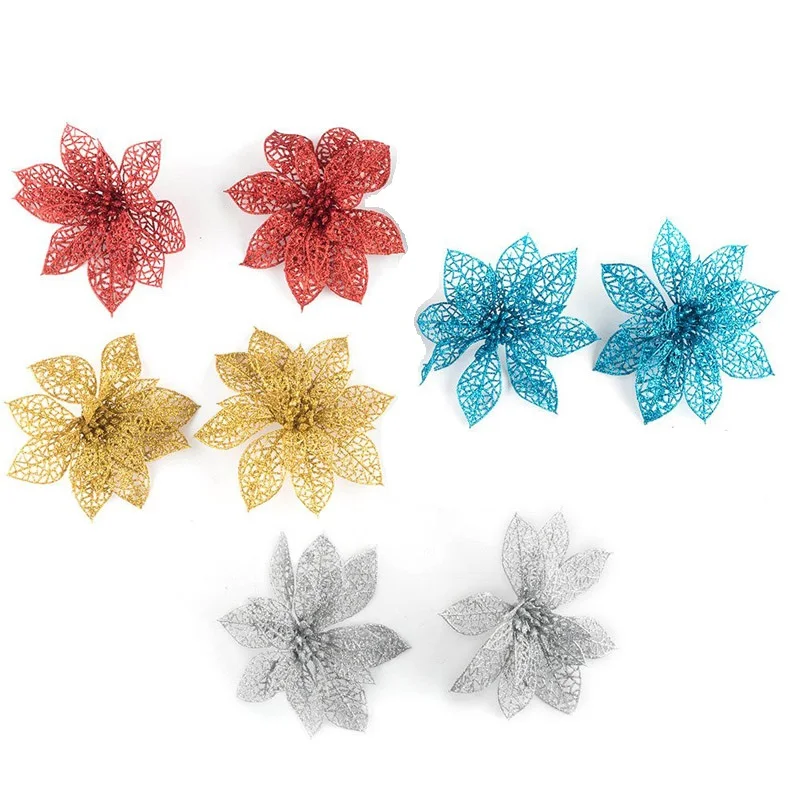 10Pcs Glitter Hollow Wedding Party Christmas Decor Flowers Xmas Tree Decoration Flower Ornaments 3 Colors | Дом и сад