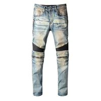 fashion trend mens blue retro slim punk jeans casual high street style stitching small feet jeans autumnwinter large size 42