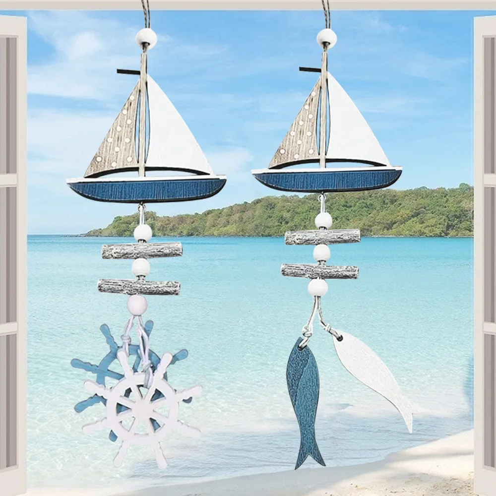 

Nautical Wheel Sailboat Pendant Ornament Decorations Wall Wooden Hanging Sailing Boat Rudder Fish Ornament Ocean Series Pendant