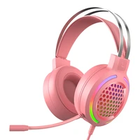 pink gaming headphones with microphone professional gamer wired headset 7 1 surround sound rgb light earphone for pc computer