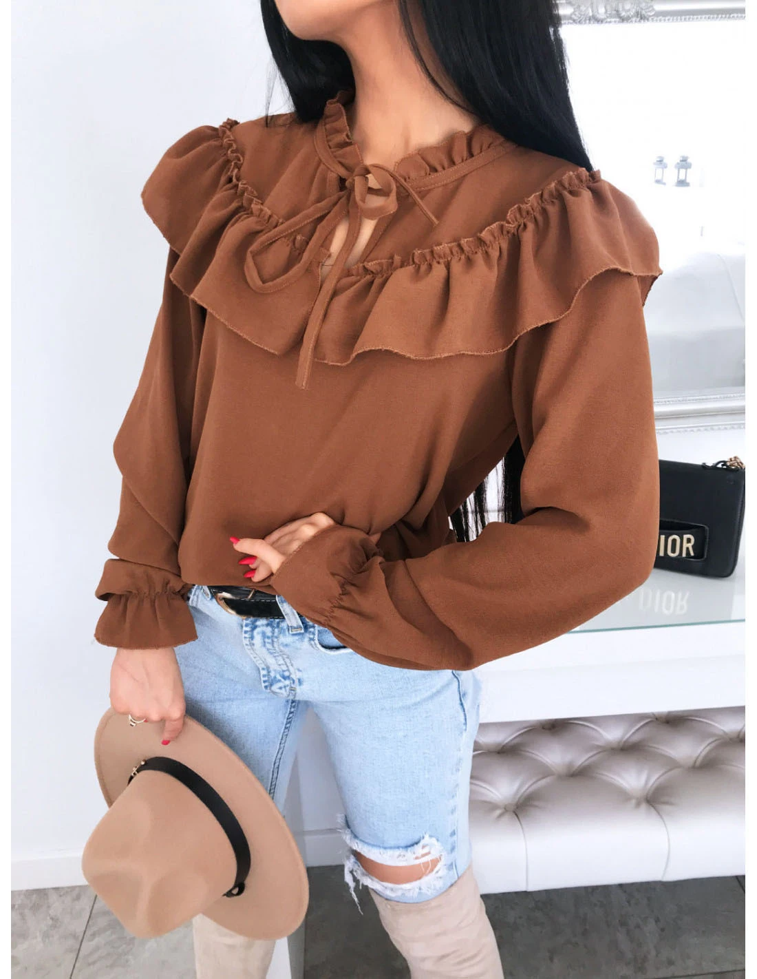 

UK 2020 New Women Spring Chiffon Bow Tie Top Shirts Lantern Long Sleeve Rufflles Blouse Ladies Casual Office OL Work Solid Tops