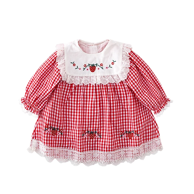 

Baby Girls Cotton Cute Dresses Toddler Lacework Patchwork Plaid Dress Korean Style Children Clothing Embroidery Strawberry Frock