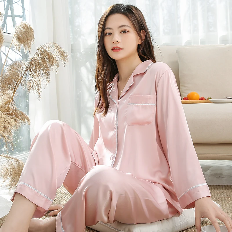 2021 New Ice Silk Pajamas Set for Women Spring&Summer Cool Pyjamas Suit Comfortable Sleepwear Lounge Home Clothes Female Pijamas