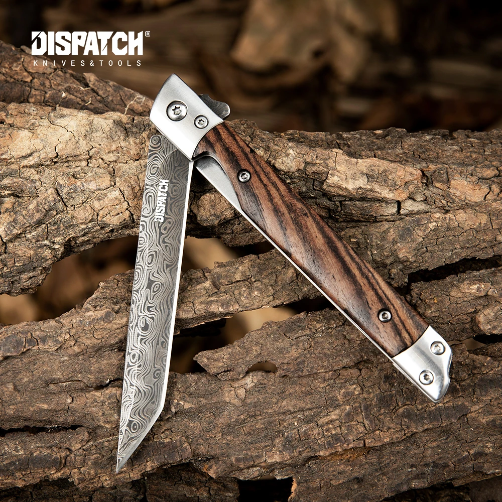 

DISPATCH Folding Pocket Knife Damascus pattern With Leather Sheath for Camping Hiking Hunting EDC Multifunction Tool