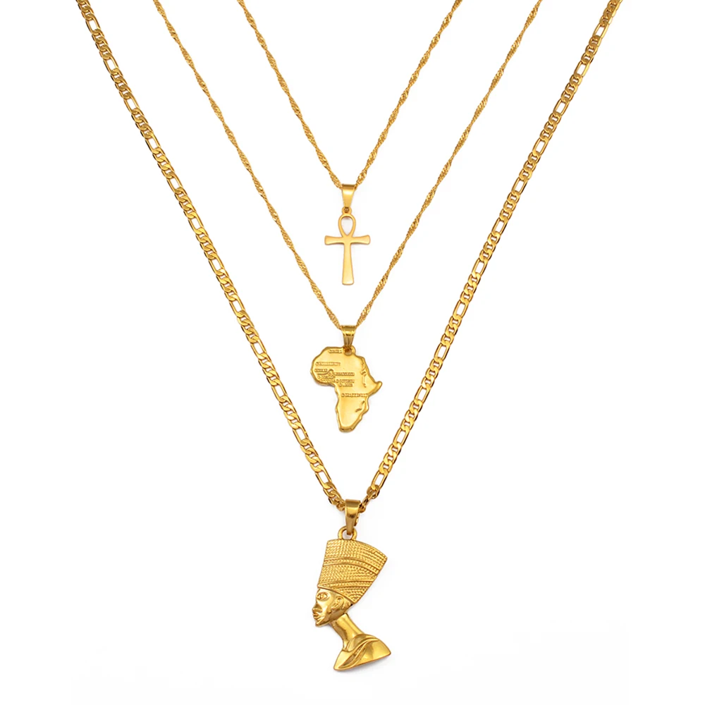 

Anniyo 3pcs Necklaces Together Ankh Nefertiti Africa Map Pendant Gold/Silver Color Birthday Party Ethnic Jewelry Women #244606