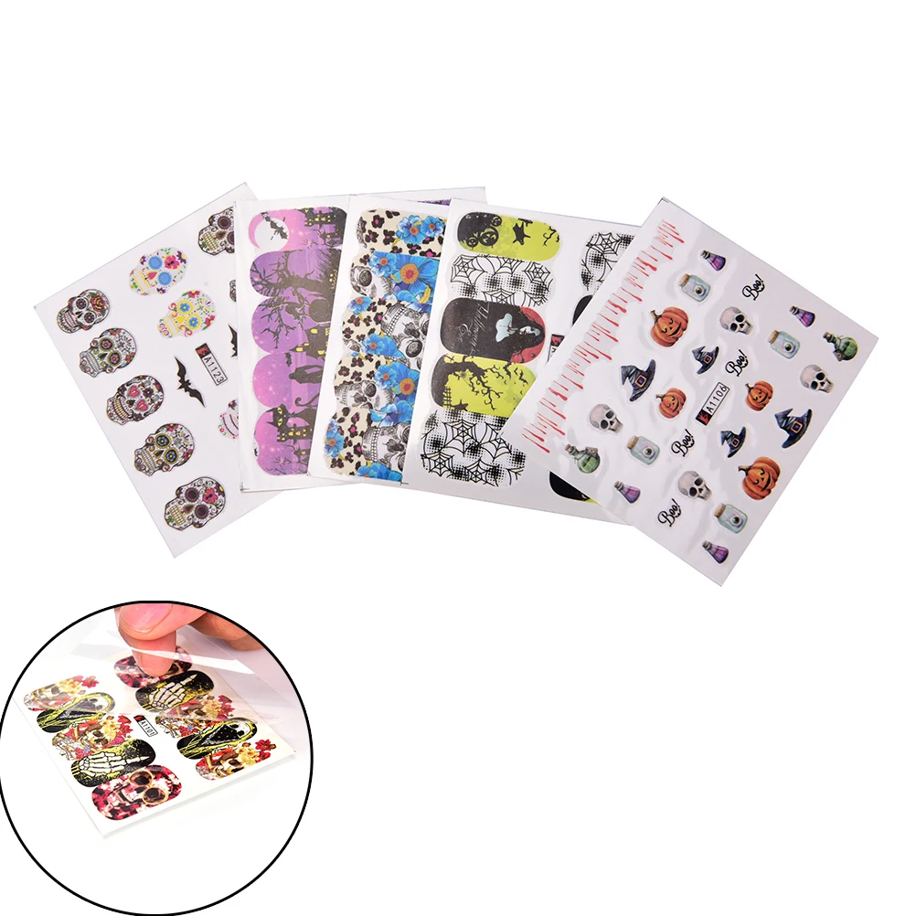 

Halloween Skull Design Stickers Wraps Tips Decoration 48 Sheets Cool Nail Art Full Cover Water Transfer Sticker Decals