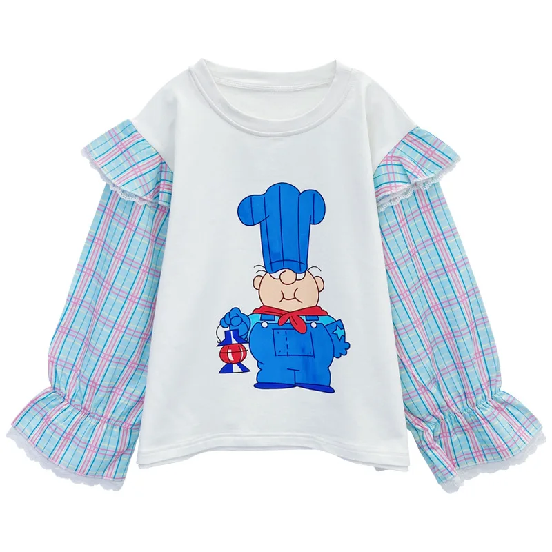 

Girls' sweaters spring clothes, 2021 new splicing round neck tops, children's fake t-shirt