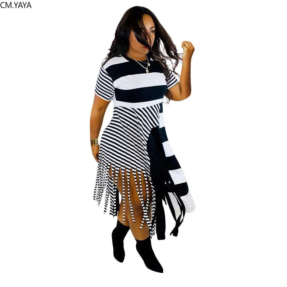 Женское летнее платье-миди с полосками асимметричным принтом и кисточками