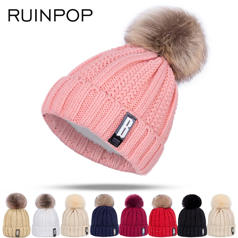 RUINPOP модная зимняя женская шапка с бубоном, толстые Теплые; больших размеров из бархата вязаные Skullies Beanie шляпа высокое качество