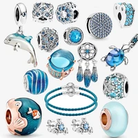 original 925 sterling silver beads blue feather sparkling start zircon dangle fit original pandora bracelets women jewelry gift