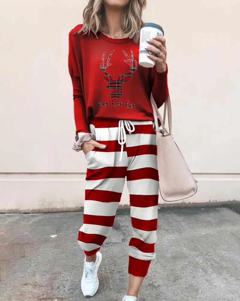 

Women Fashion Casual Two-Piece Set Suits Set Female Autumn Clothes Christmas elk Print Top &Striped Drawstring Pants Set