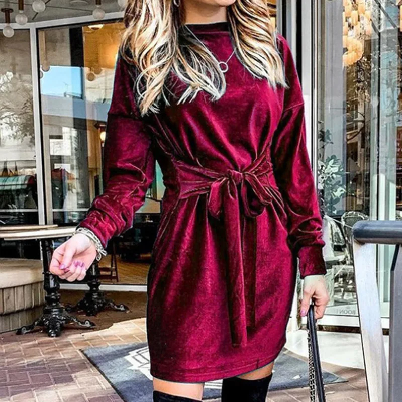 

Women Waist Lace-Up Belt Bow Solid Mini Dress Elegant Velvet Long Sleeve Party Dresses Casual O-Neck Spring Autumn Dress Vestido