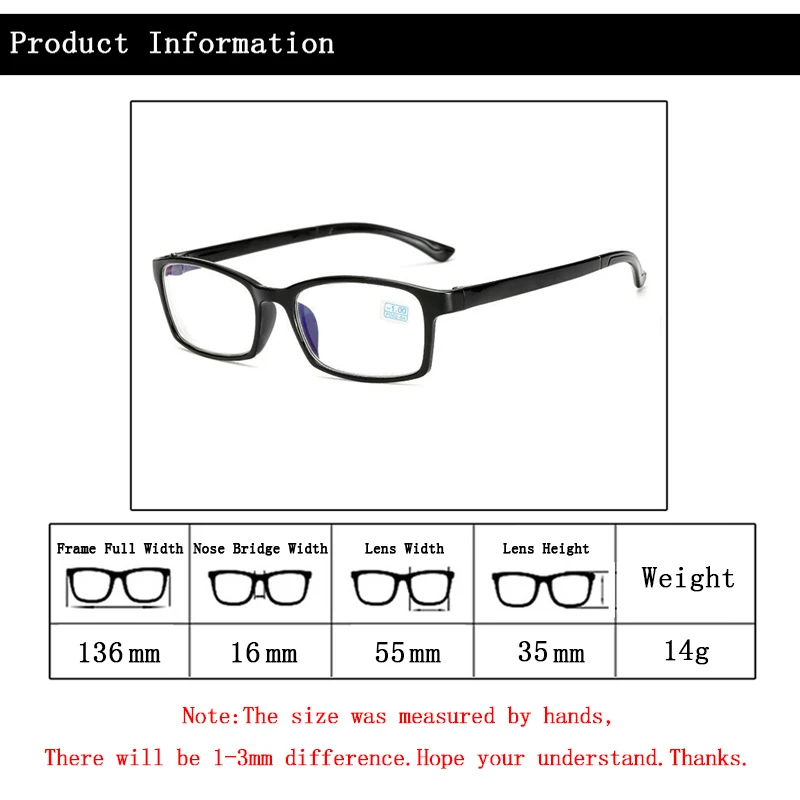Мужские и женские очки для близорукости с черной прямоугольной оправой |