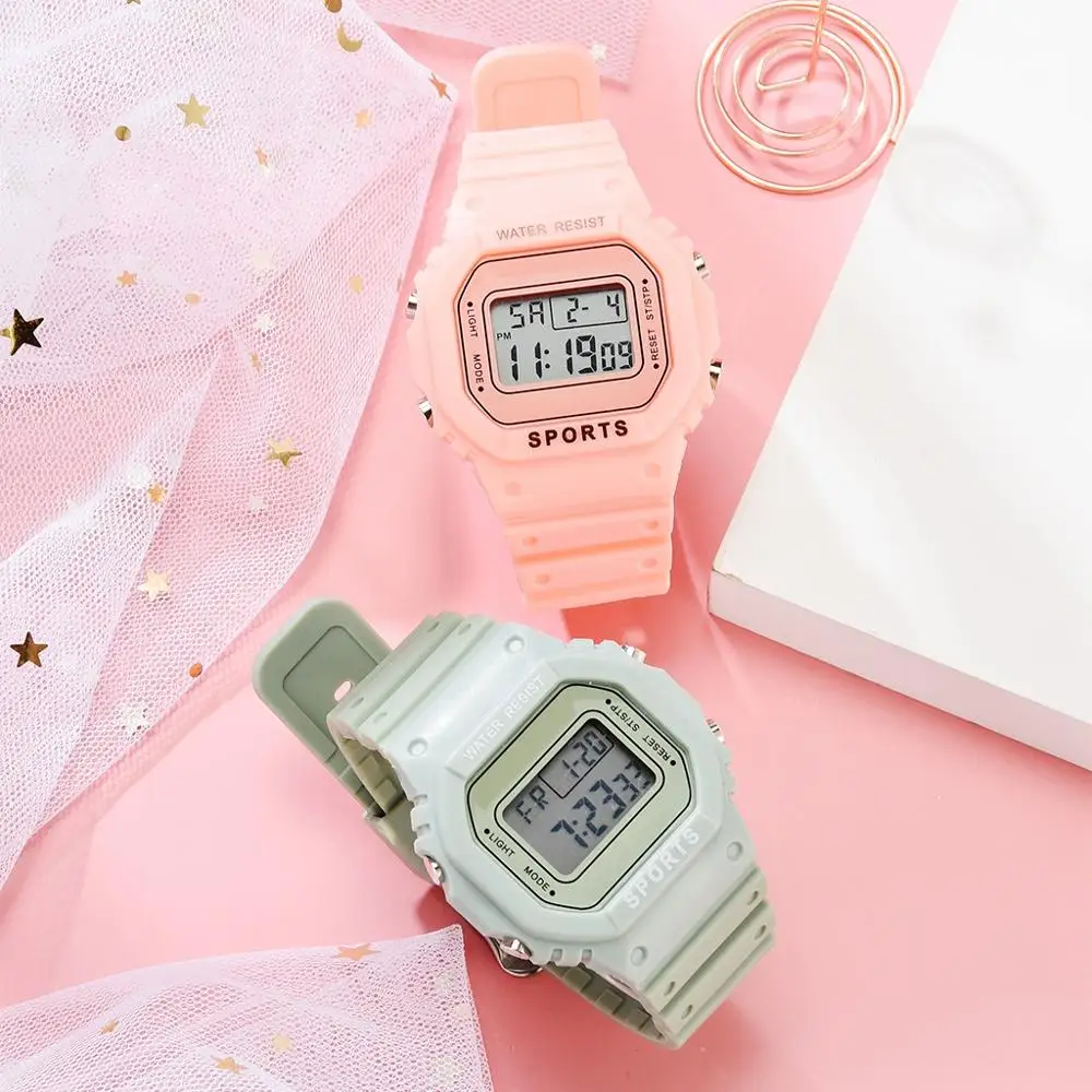 

Fashion Digital Women Silicone Pink Green Band Quartz Watches For Women Casual Ladies Dress LED Multifunction Unisex Male Watch