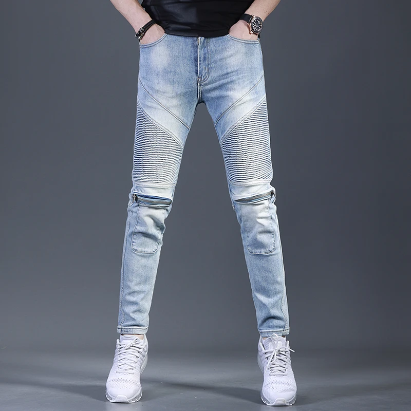 

Summer Men's Light Blue Biker Jeans Fashion Slim Fit Denim Pants