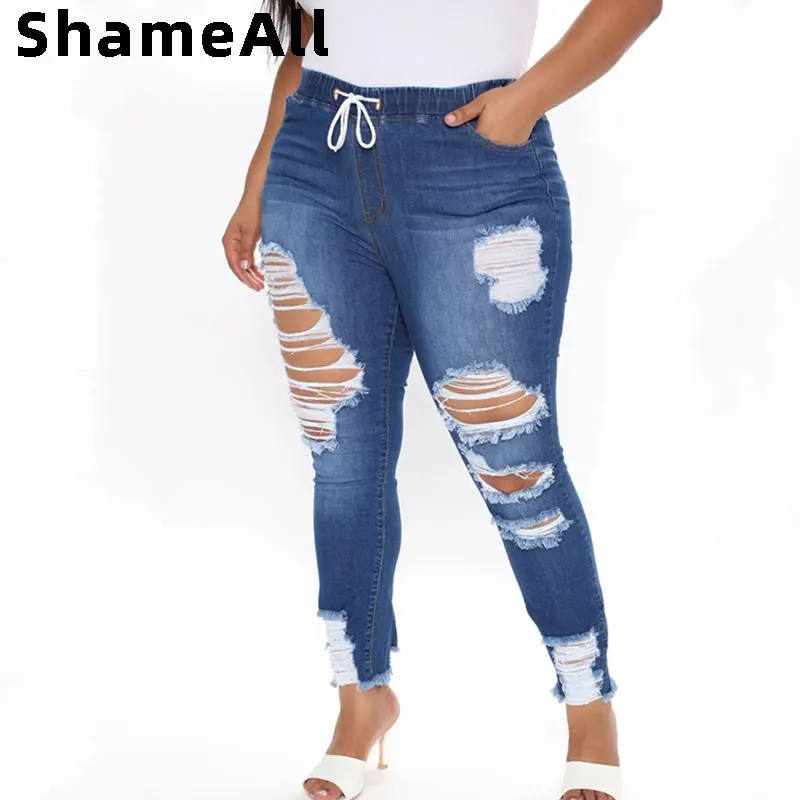

Plus Size Drawstring Sexy Ripped Stretch Jeans Mom 5xl Elastic Waist Skinny Club Street Hole Joggers Mid Rise Pencil Denim Pants