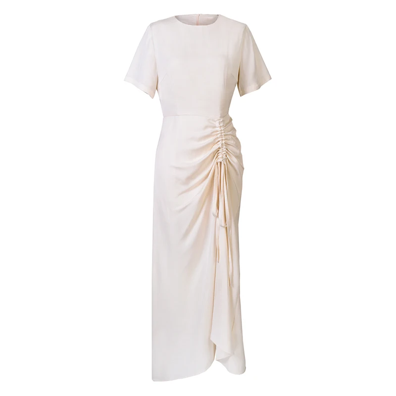 

[EAM] Women Drawstring Pleated Temperament Dress New Round Neck Short Sleeve Loose Fit Fashion Tide Spring Summer 2021 1A014
