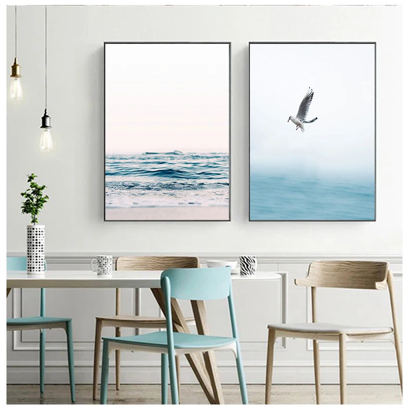 Blue Sea And Sky Nordic Landscape Canvas Painting Free Seagull Waves Beach Art Poster Living Room Decor Seabirds Wall | Дом и сад