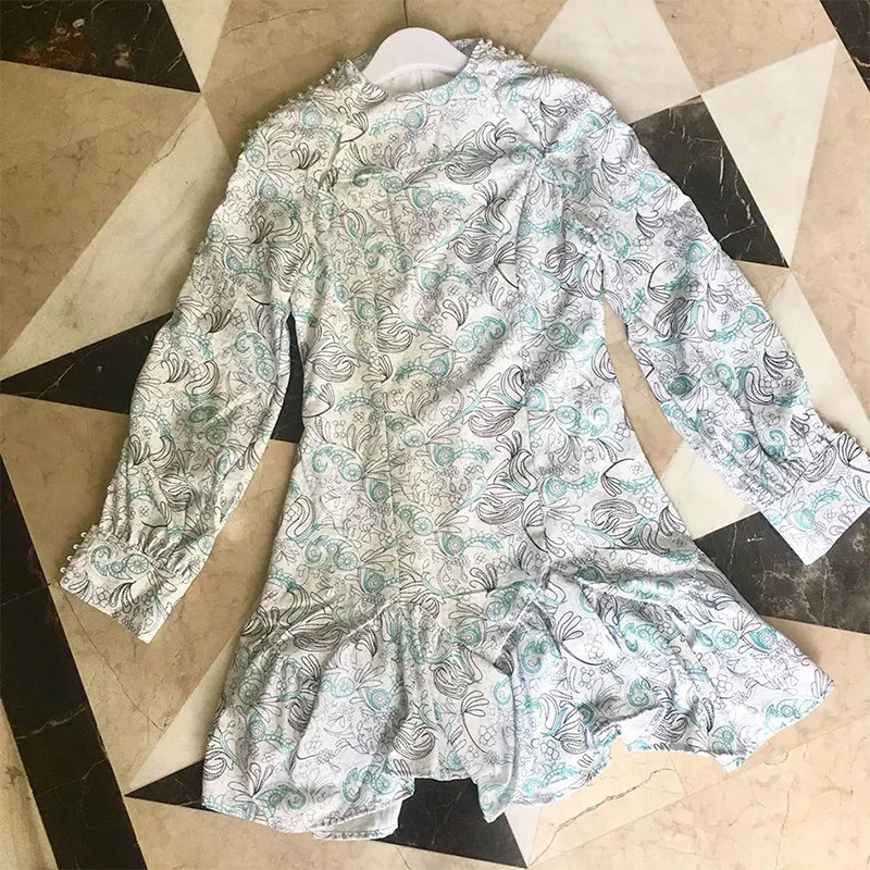 

Autumn Female Lace Lantern Slevee Sweet Sexy Slim A-Line Mini Dress Spring Womens Printing Beading Hollow Out Pleated Dresses