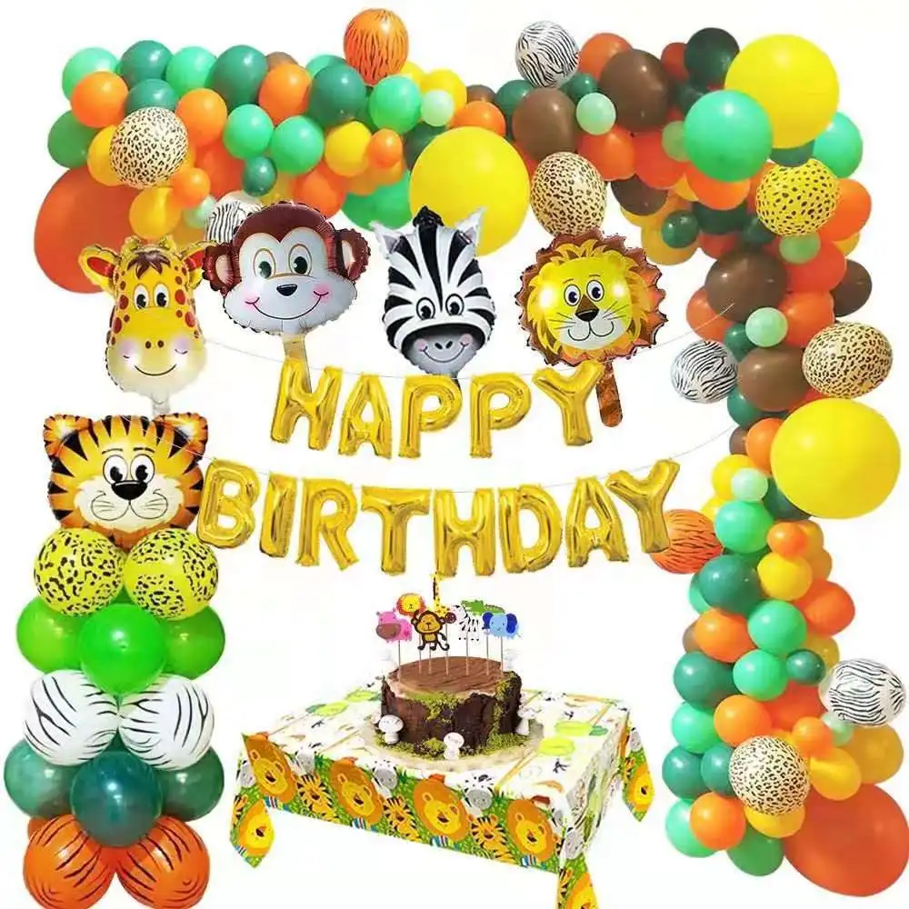 

Forest animal theme balloon garland set aluminum foil happy birthday balloon children birthday party decoration tiger tablecloth