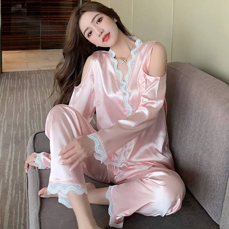 

New Silk Satin Women Pajamas Set Solid Color Ladies Sleepwear Sexy Lace Off Shoulder Lingerie Home Suit Fashion Party Nightwear
