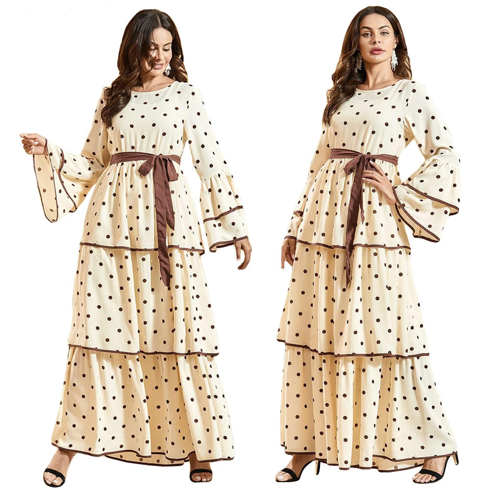 Рамадан Женское Платье макси с длинным рукавом абайя в горошек многослойный