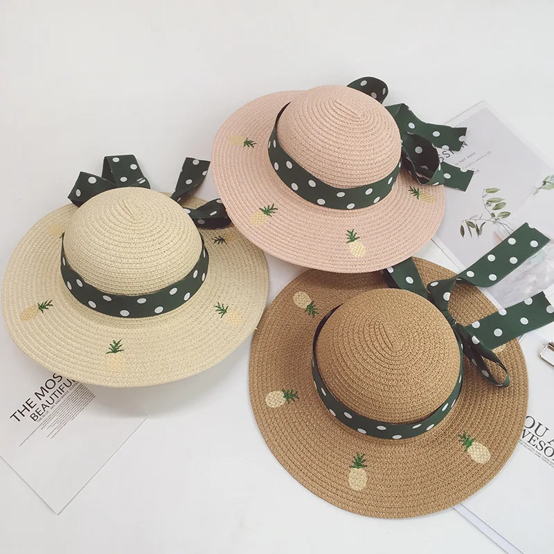 

Summer Outing Letter Embroidery Small Pineapple Bow Knot Big Edge Children Straw Hat Personality Girls All-Match Beach Hat