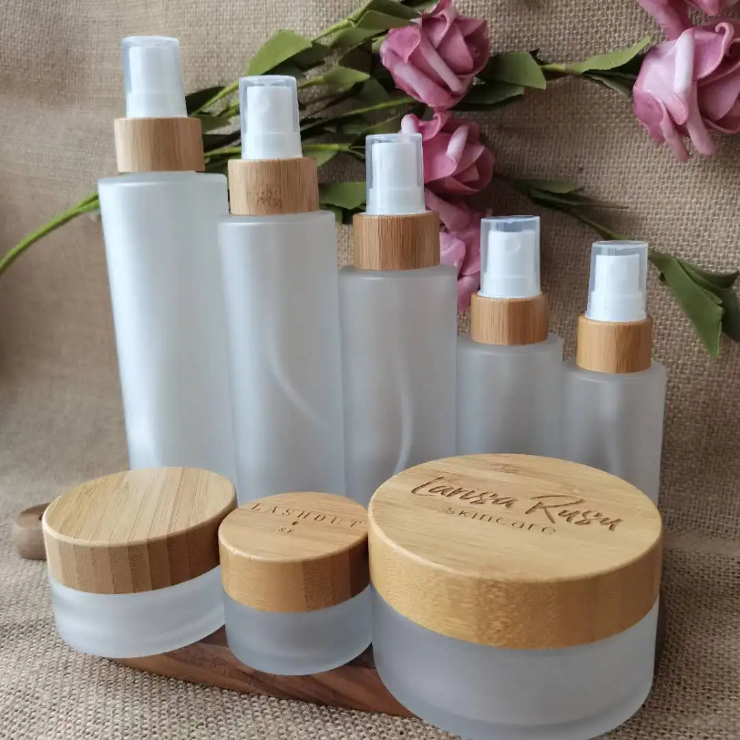 

5PCS Samples Travel Size Frosted Glass Spray Bottles With Eco-Friendly Bamboo Lid For Hand Sanitizer Lotion Skin Care Packaging