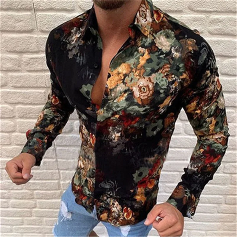

Autumn New Men's Flower Shirt Casual Eur-American Style Slim Printing Long Sleeve Shirts Blouse Plus Size Hawaii Shirts