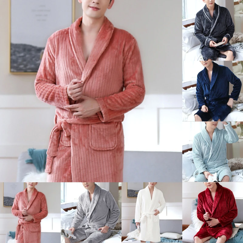 

Men Casual Kimono Bathrobe Autumn Winter Flannel Long Robe Sleepwear Nightgown Male Warm Thick Loose High Quality Home Wear