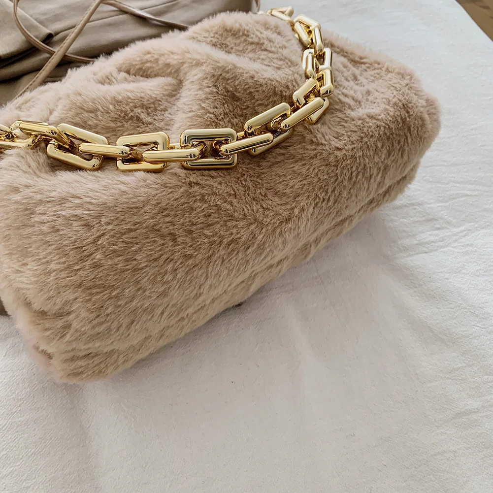 

Casual Cloud Chain Pleated Handbag Women Winter Warm Plush Shoulder Bags Fashion Female Crossbody Bags