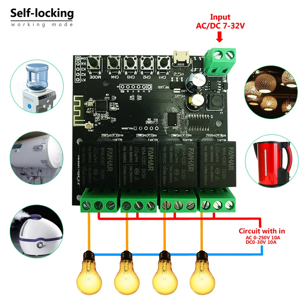 

DC5V-32V Smart Home Four-way Switch Control Wifi Module Remote Jog Self-locking Wireless Delay Rela