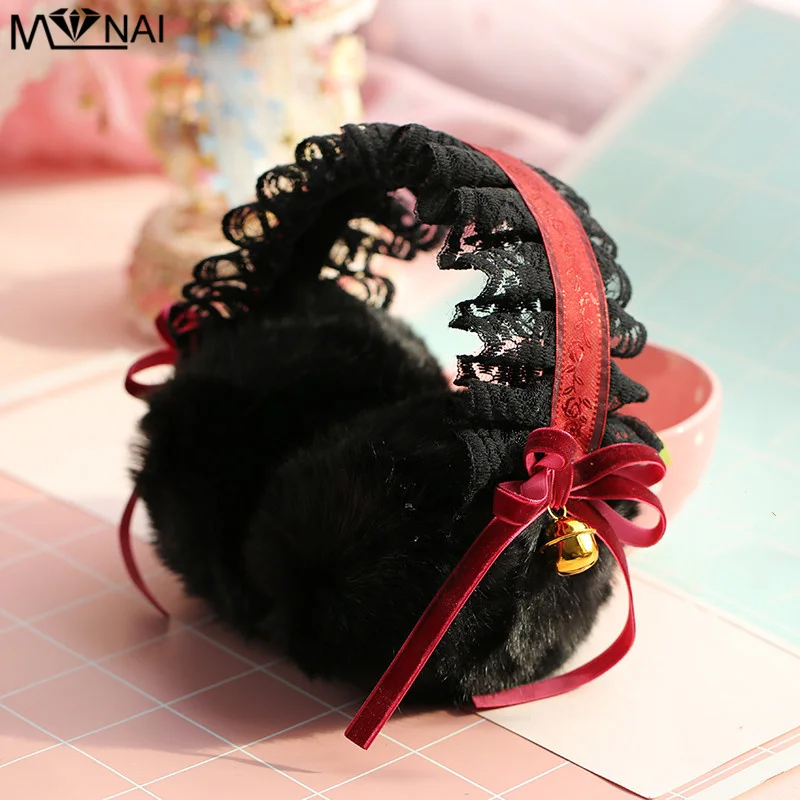 

Наушники зимние аксессуары готические черные кружевные теплые плюшевые наушники украшение в виде колокольчиков Лолиты женские утепленные...