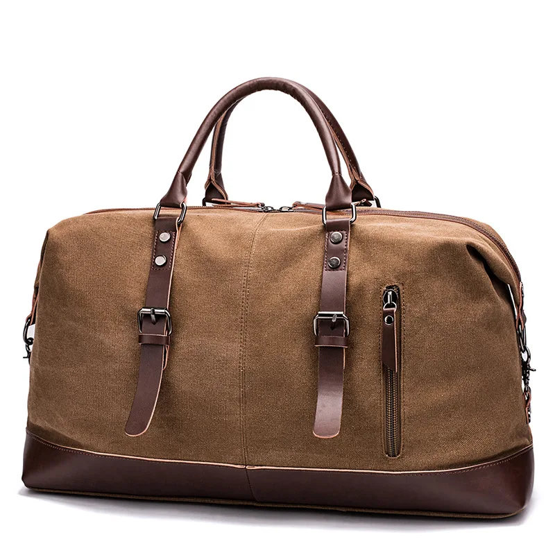 Large Capacity Handbag Men Outdoor Luggage Travel Fitness Bag Casual Canvas Tote Bag PU Leather Weekend Duffle Suitcase Bags