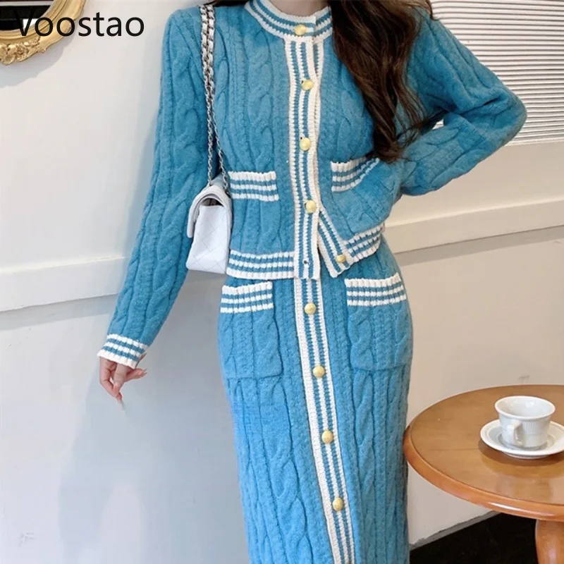 

Женский трикотажный костюм-двойка, элегантный винтажный кардиган с круглым вырезом и длинная юбка с высокой талией, Осень-зима