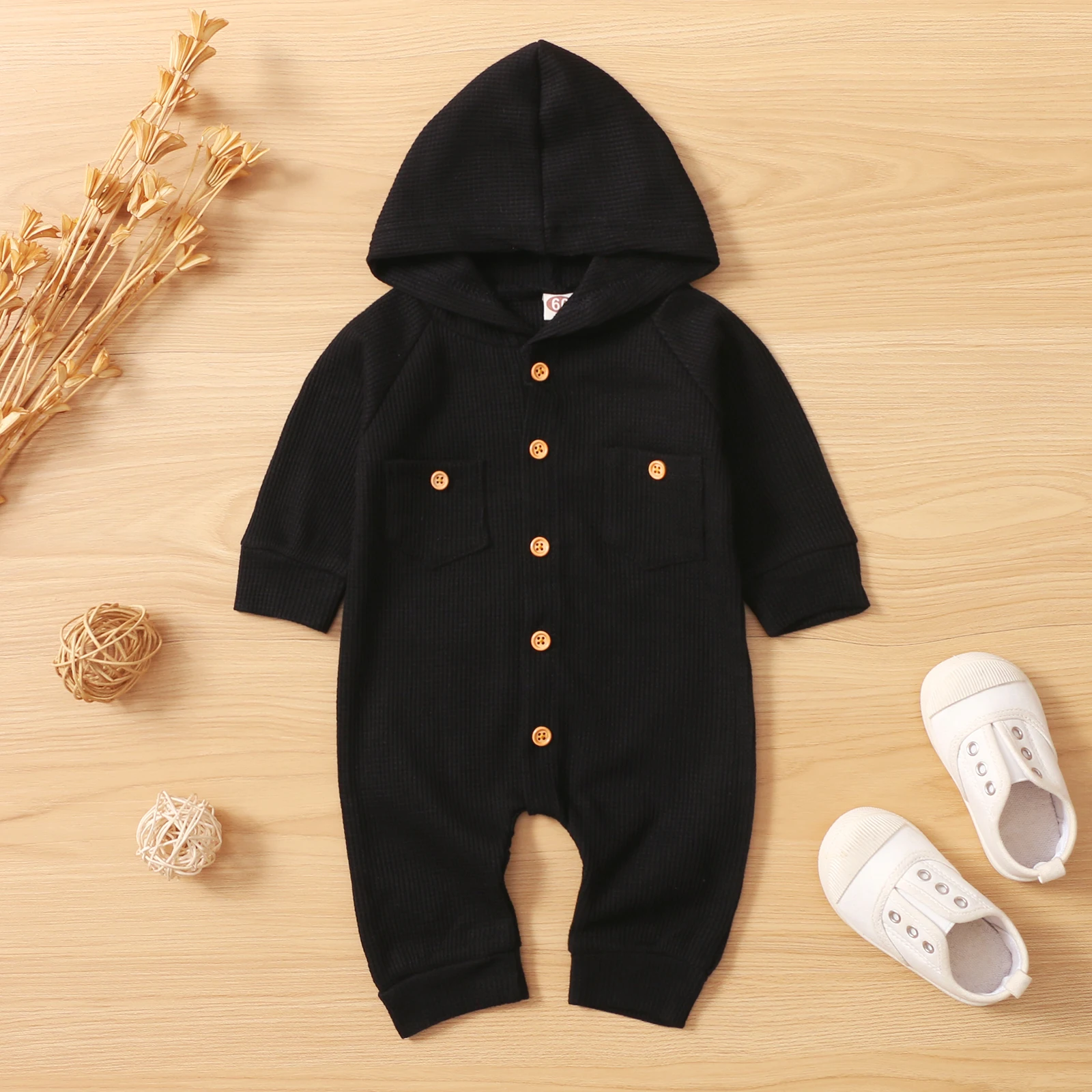 

Newborn Girl Boy Single-breasted Long Sleeve Hooded Romper Jumpsuit Cotton Baby Clothing