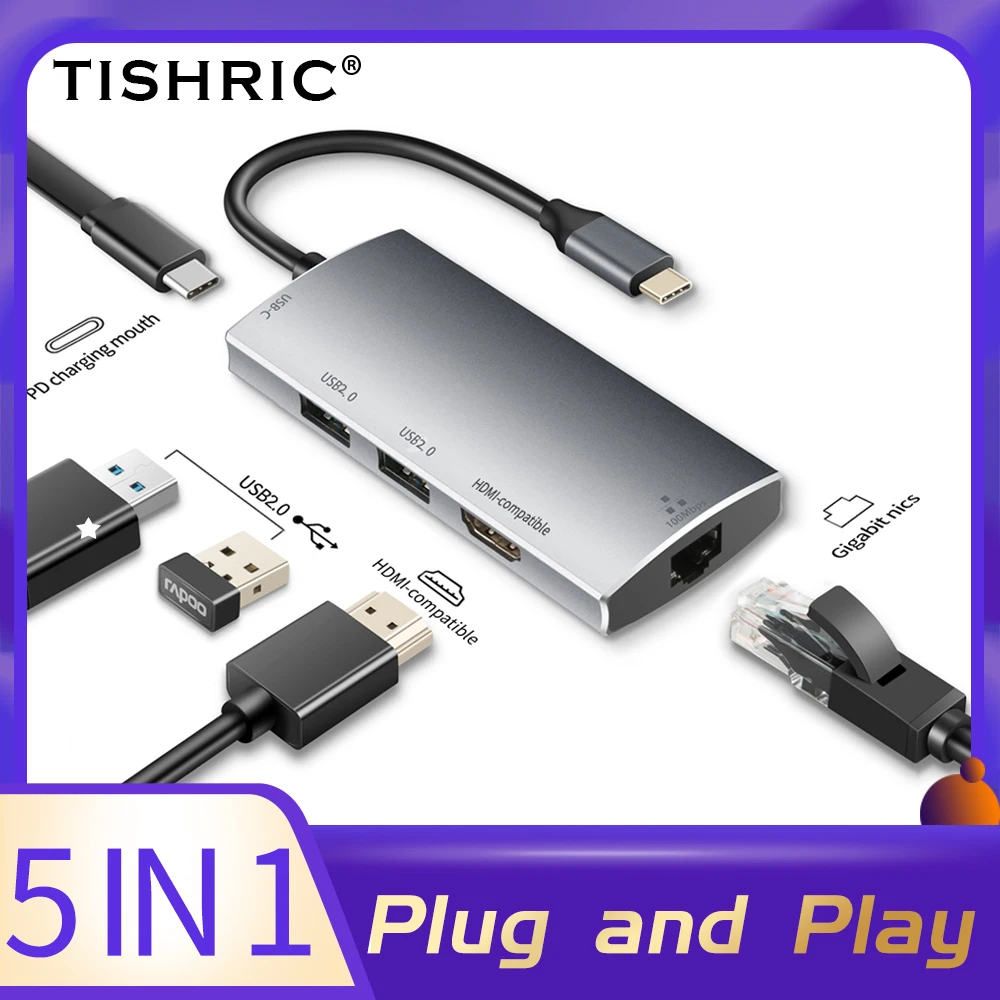 TISHRIC 6 в 1 Тип C разветвитель адаптер RJ45 100/1000 м PD VGA USB 3 0 док станция для Macbook Pro/Air/Huawei