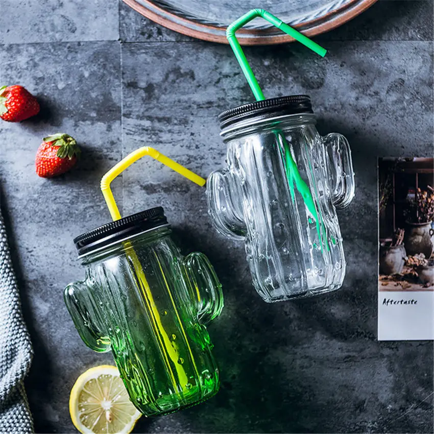 Стеклянная чашка с КАКТУСОМ однослойная для сока молока и завтрака фруктового